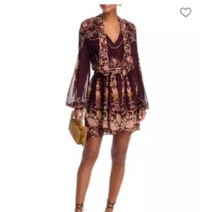 Farm Rio Bella Wrap Tie Belt Mini Dress Blouson Long Sleeves Size S Burgundy